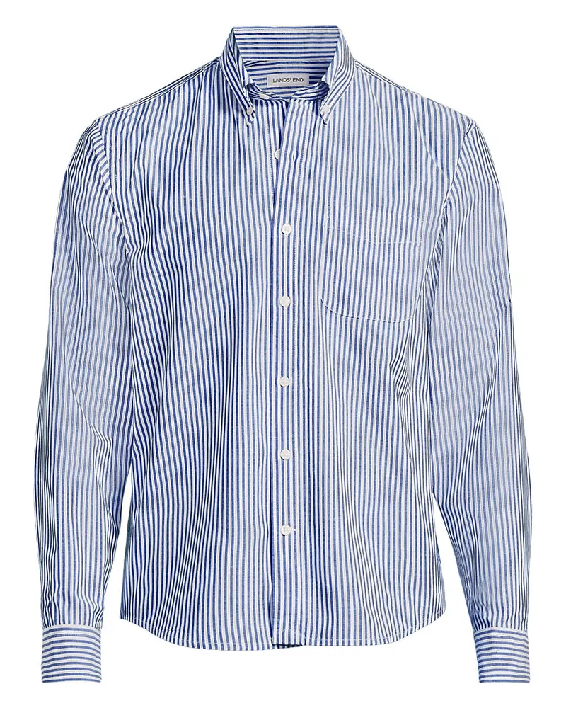 Lands' End Gemustertes Popeline-Hemd mit langen Ärmeln, Herren, Größe regular, Blau, Baumwolle, by Blau
