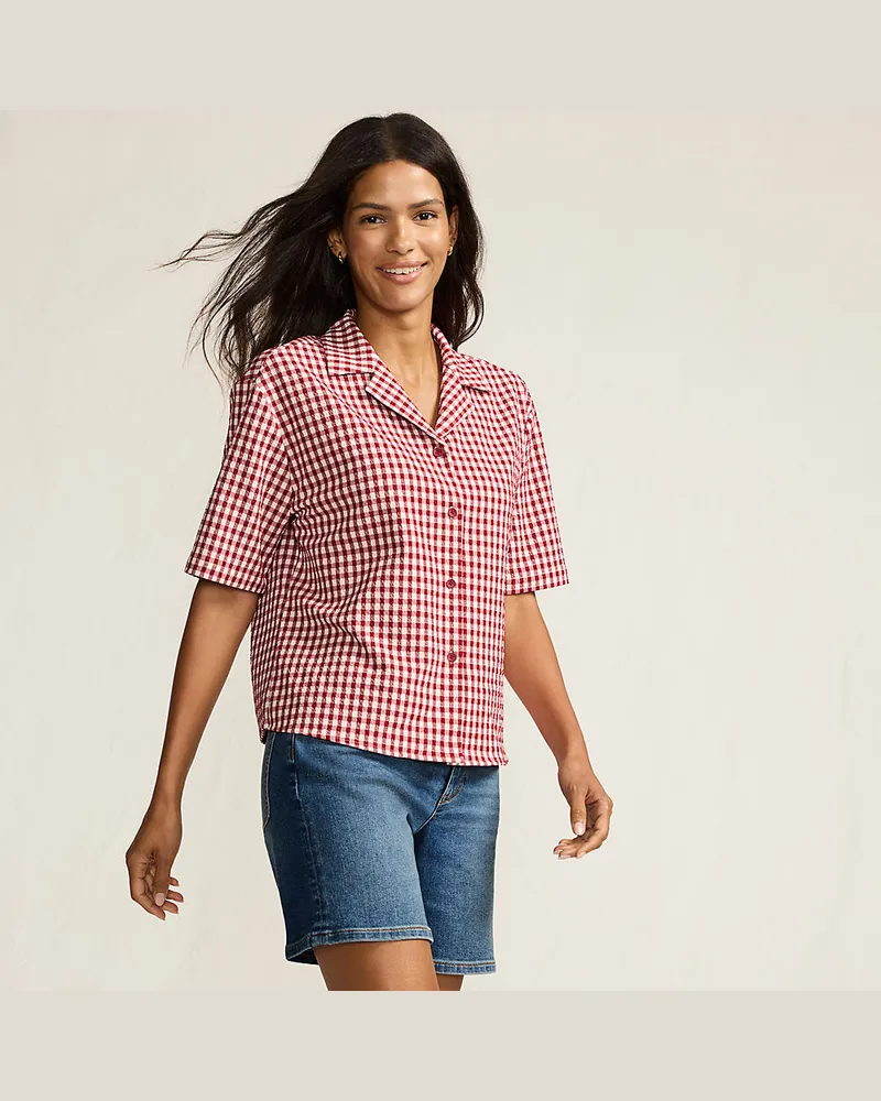 Lands' End Gingham-Bluse mit kurzen Ärmeln, Damen, Größe regular, Rot, Baumwolle/Polyester/Polyester-Mischung, by Rot