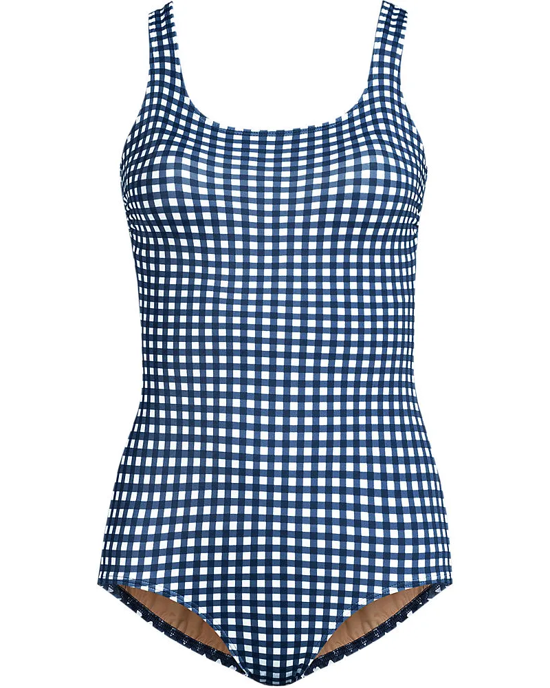 Lands' End Gemusterter Komfort-Badeanzug CHLORRESISTENT mit Soft Cups, Damen, Größe regular, Blau, Nylon-Mischung, by Blau
