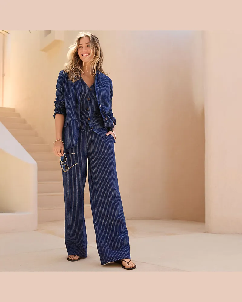 Lands' End Leinenhose High Waist mit weitem Bein, Damen, Größe petite, Blau, Leinen, by Blau