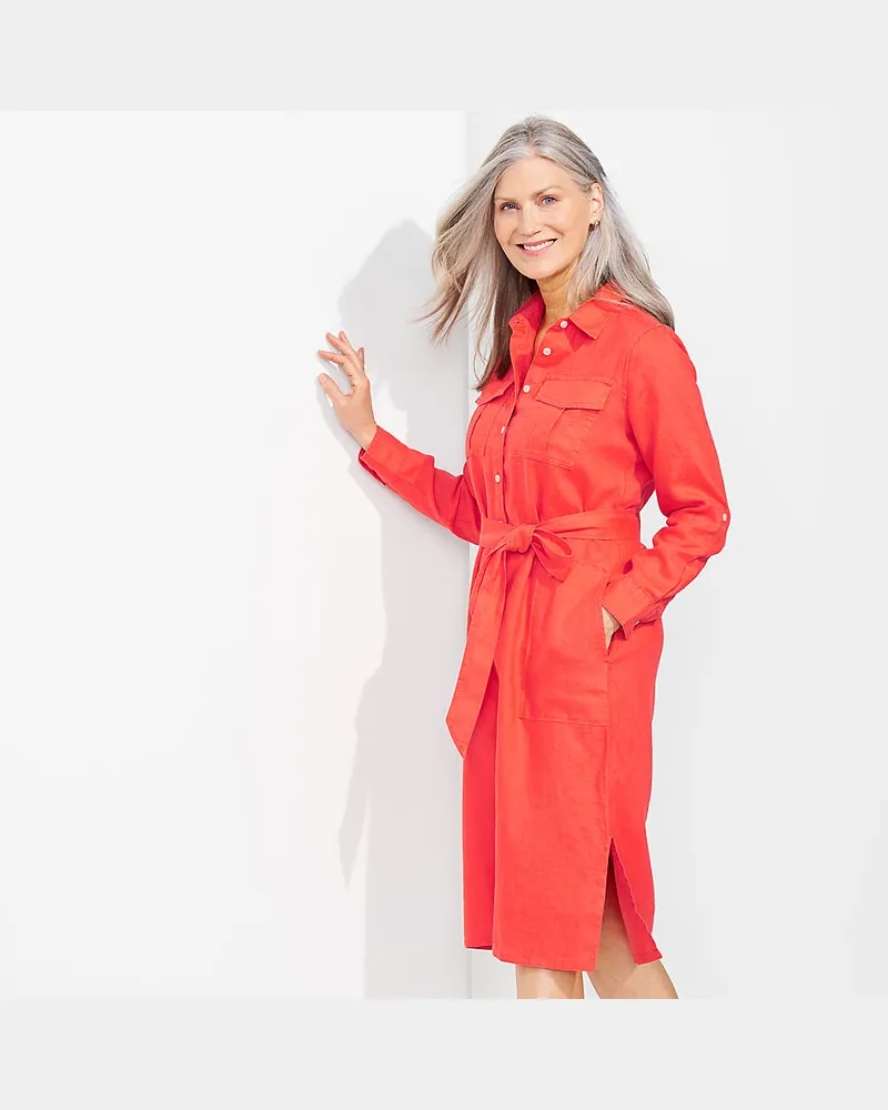 Lands' End Midi-Hemdblusenkleid aus Leinen, Damen, Größe regular, Orange, by Orange