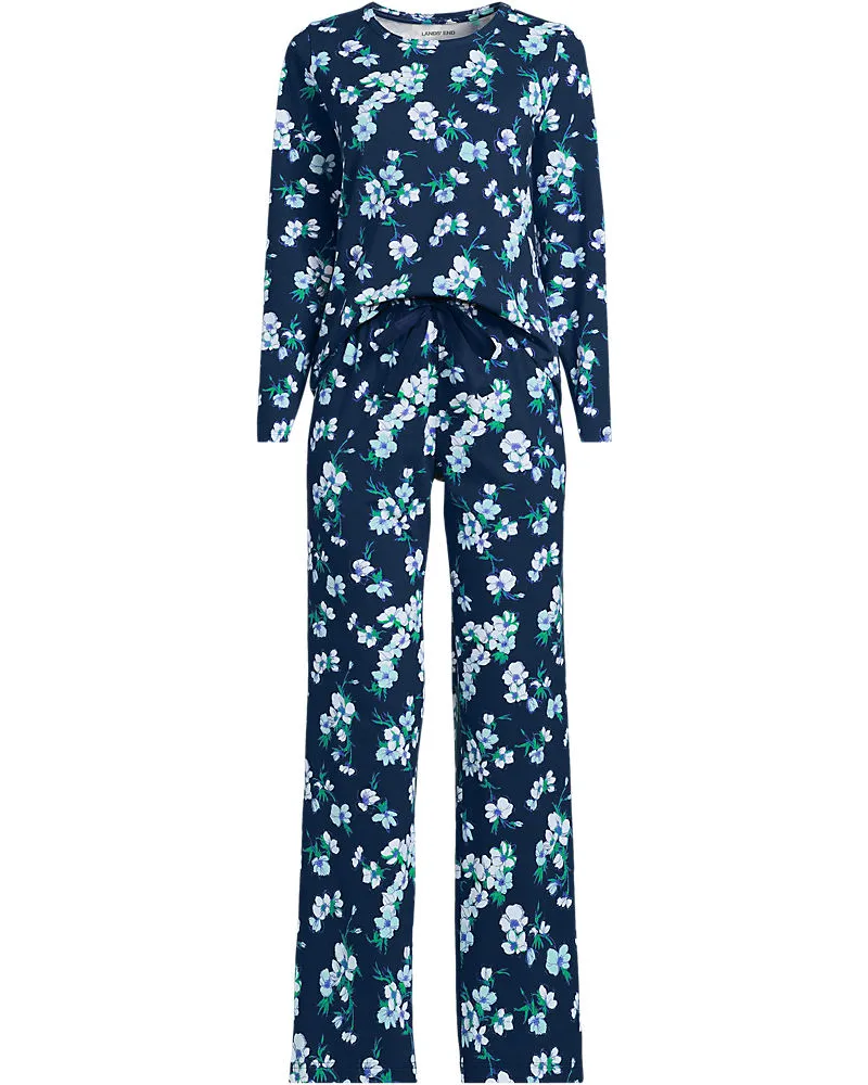 Lands' End Gemustertes Pyjama-Set aus Baumwoll-Jersey, Damen, Größe petite, Blau, Elasthan/Baumwoll-Mischung, by Blau