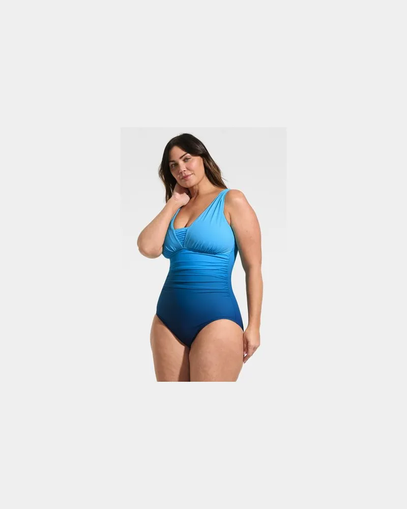 Lands' End Shape-Badeanzug mit V-Ausschnitt SLENDER, Damen, Größe plus, Blau, Nylon-Mischung, by Blau