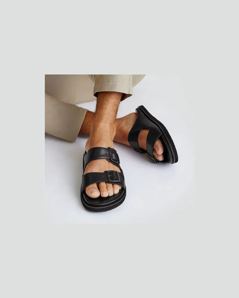 Lands' End Doppelschnallen-Pantolette, Herren, Größe regular, Schwarz, Leder, by Schwarz