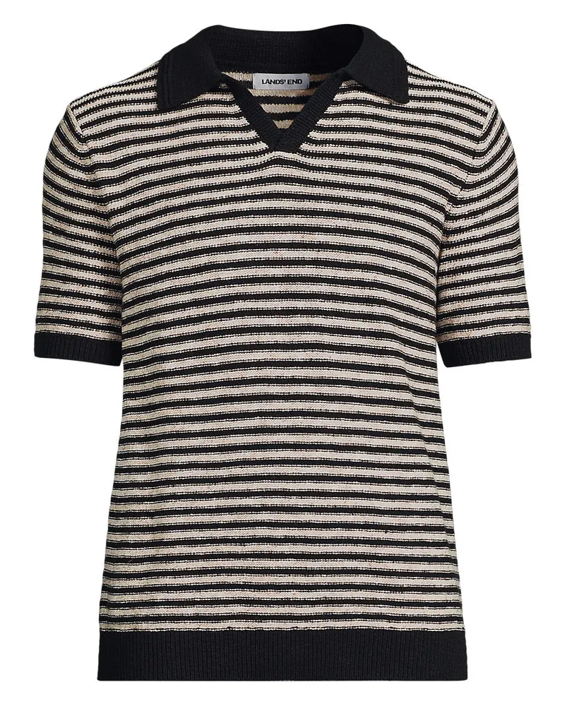 Lands' End Leinenmix-Polopullover mit kurzen Ärmeln, Herren, Größe regular, Schwarz, Baumwolle/Leinen/Nylon, by Schwarz