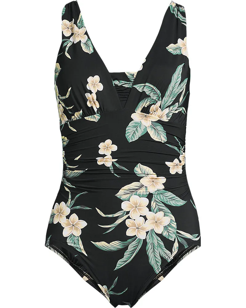 Lands' End Gemusterter Shape-Badeanzug mit V-Ausschnitt SLENDER, Damen, Größe plus, Schwarz, Elasthan/Nylon-Mischung, by Schwarz