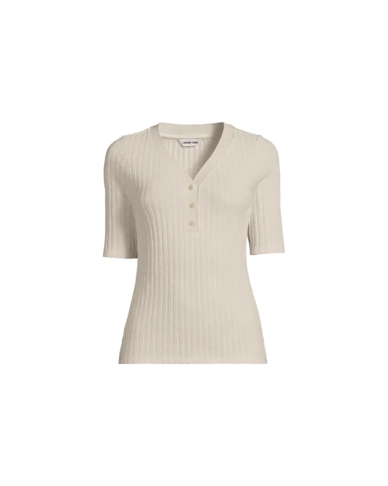 Lands' End Rippstrick-Henleyshirt mit halblangen Ärmeln, Damen, Größe plus, Beige, Elasthan/Baumwoll-Mischung/Polyester-Mischung, by Beige