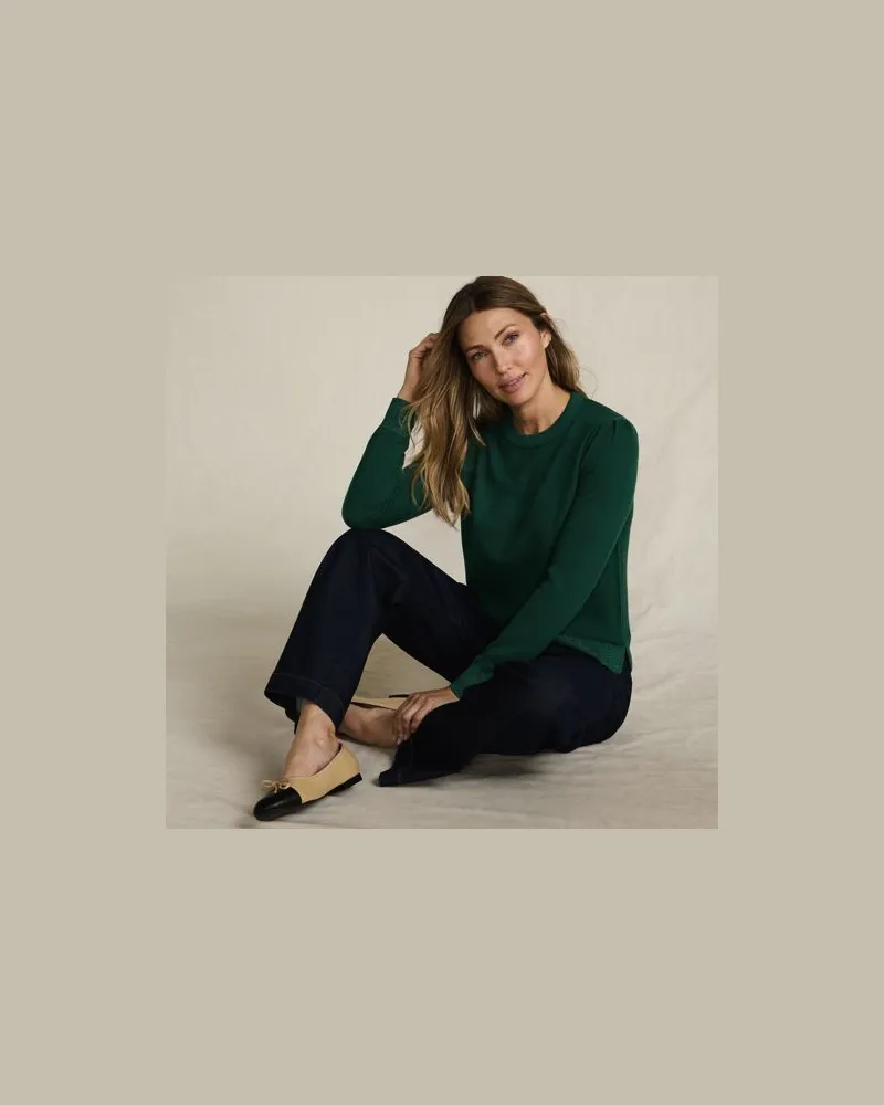 Lands' End Merino-Pullover mit Lurex-Ausschnitt, Damen, Größe:44-46 petite, Grün, Wolle, by Grün