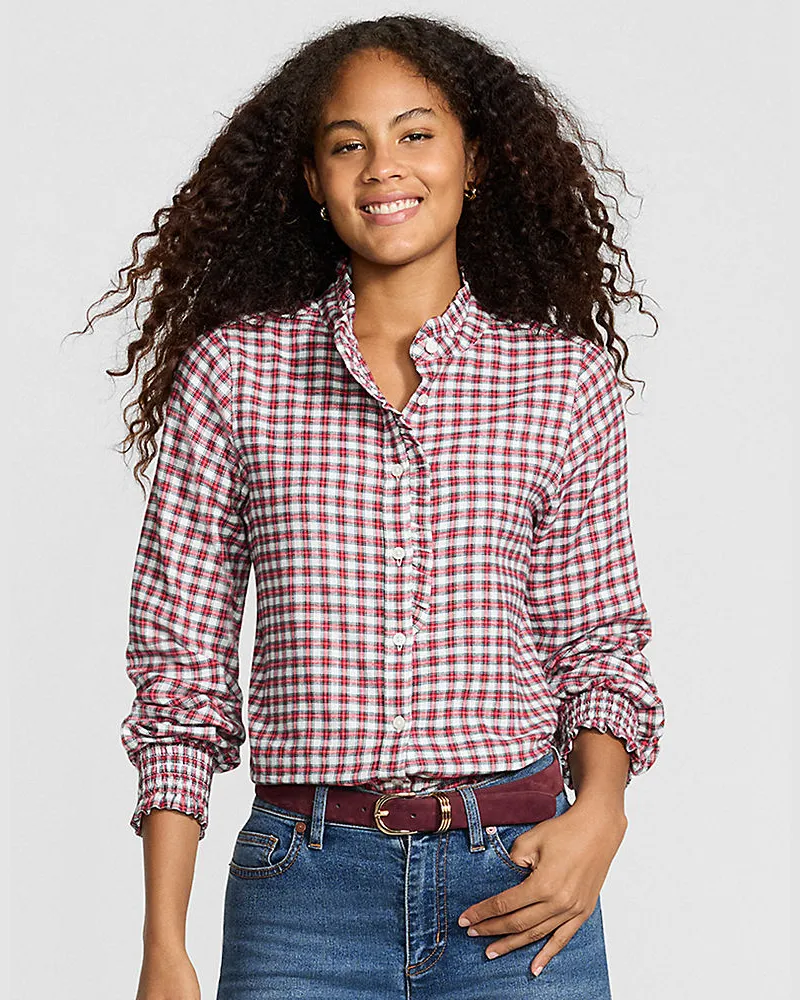 Lands' End Flanellbluse mit Rüschenkragen, Damen, Größe regular, Rot, Baumwolle, by Rot