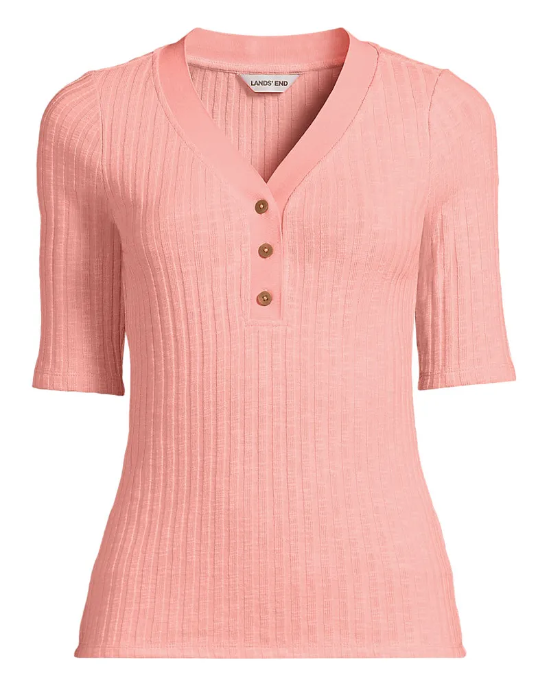 Lands' End Rippstrick-Henleyshirt mit halblangen Ärmeln, Damen, Größe regular, Pink, Elasthan/Baumwoll-Mischung/Polyester-Mischung, by Pink