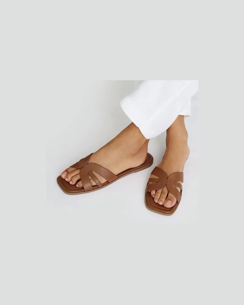 Lands' End Flache Pantolette mit Cut-outs, Damen, Größe regular, Beige, Synthetic-blend, by Beige