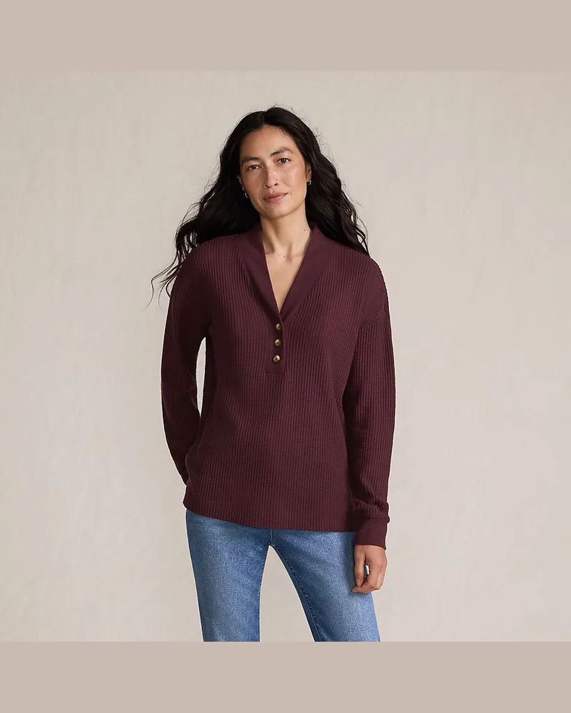 Lands' End Waffelstrick-Henleyshirt, Damen, GrÃ¶ÃŸe regular, Rot, Baumwoll-Mischung/Polyester-Mischung, by Rot
