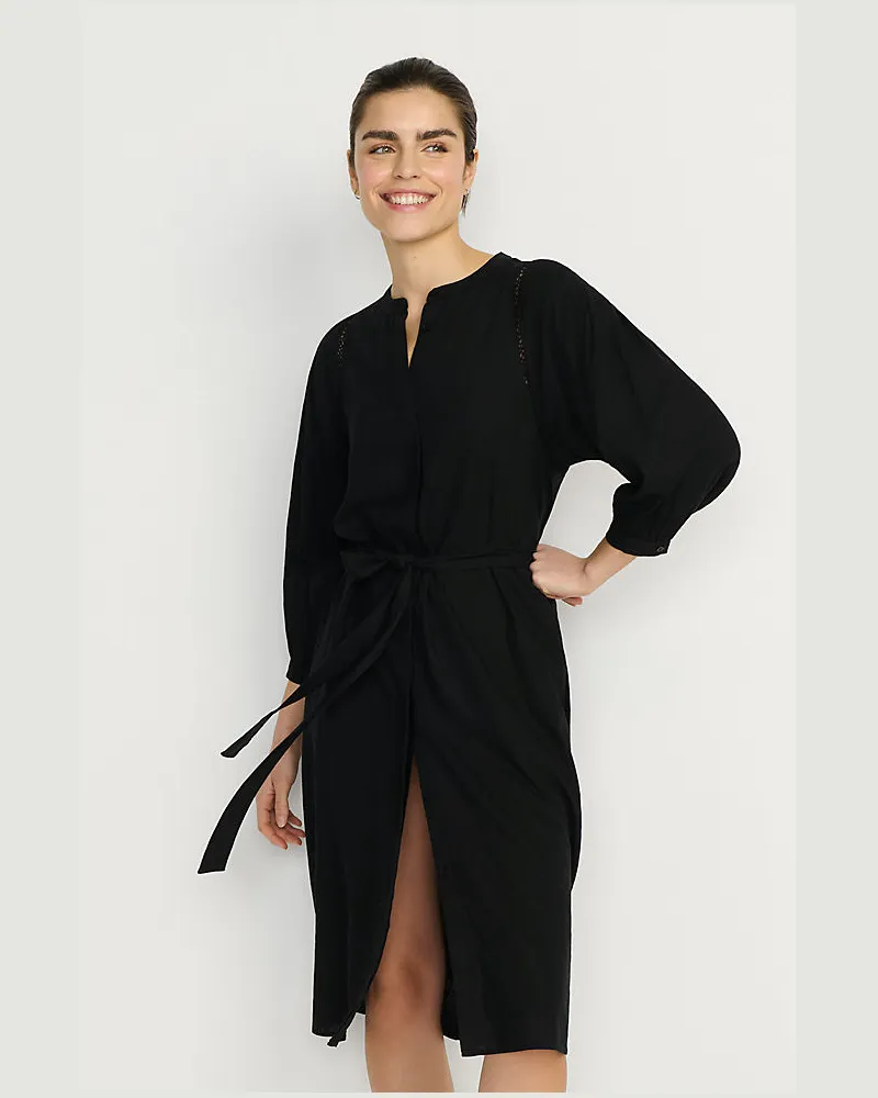 Lands' End Leinenmix-Kleid mit Ajourdetail, Damen, Größe regular, Schwarz, Leinen/Viskose, by Schwarz