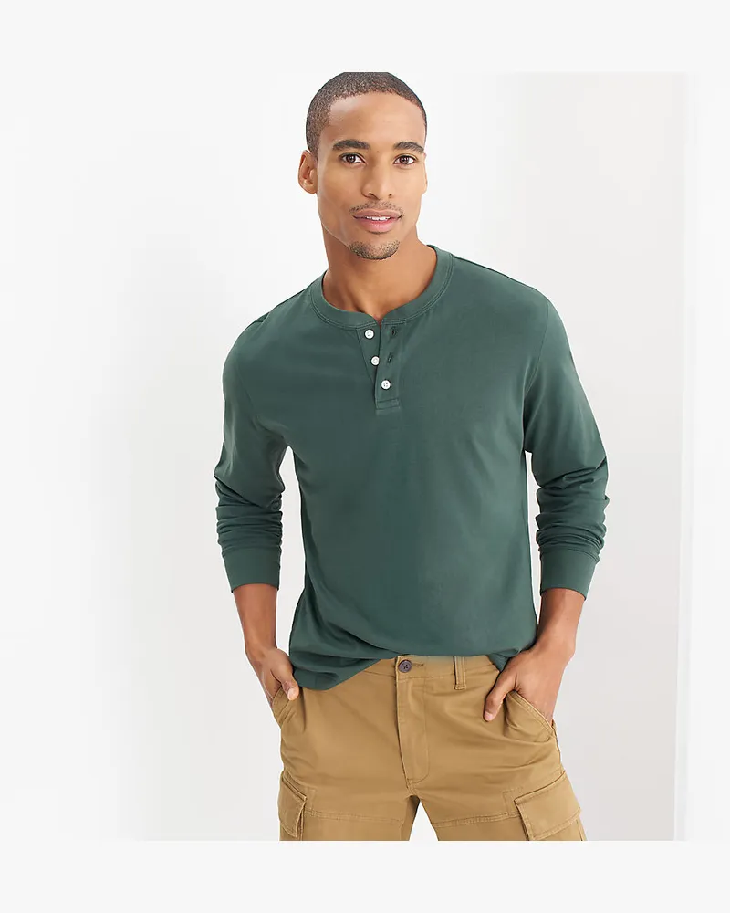 Lands' End Super-T Langarm-Henleyshirt, Classic Fit, Herren, Größe regular, Grün, Baumwolle, by Grün