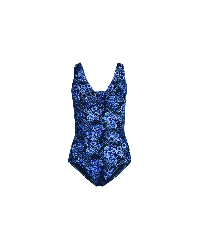 Lands' End Gemusterter Shape-Badeanzug mit V-Ausschnitt SLENDER, Damen, Größe plus, Blau, Elasthan/Nylon-Mischung, by Blau