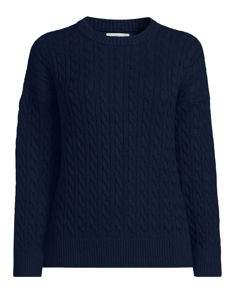 Lands' End Zopfmusterpullover Drifter mit Rundausschnitt, Damen, GrÃ¶ÃŸe regular, Blau, Baumwolle, by Blau
