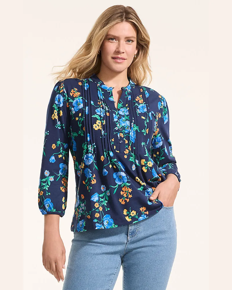 Lands' End Baumwolle/Modal-Biesenshirt mit 3/4-Ärmeln, Damen, Größe regular, Blau, Elasthan/Baumwoll-Mischung/Synthetic-blend, by Blau