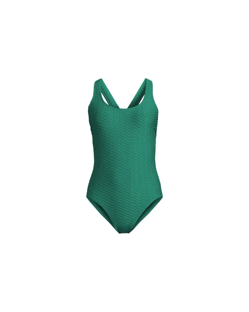 Lands' End Strukturierter Komfort-Badeanzug mit gekreuzten Trägern, hoher Beinausschnitt, Damen, Größe regular, Grün, Elasthan/Nylon-Mischung, by Grün