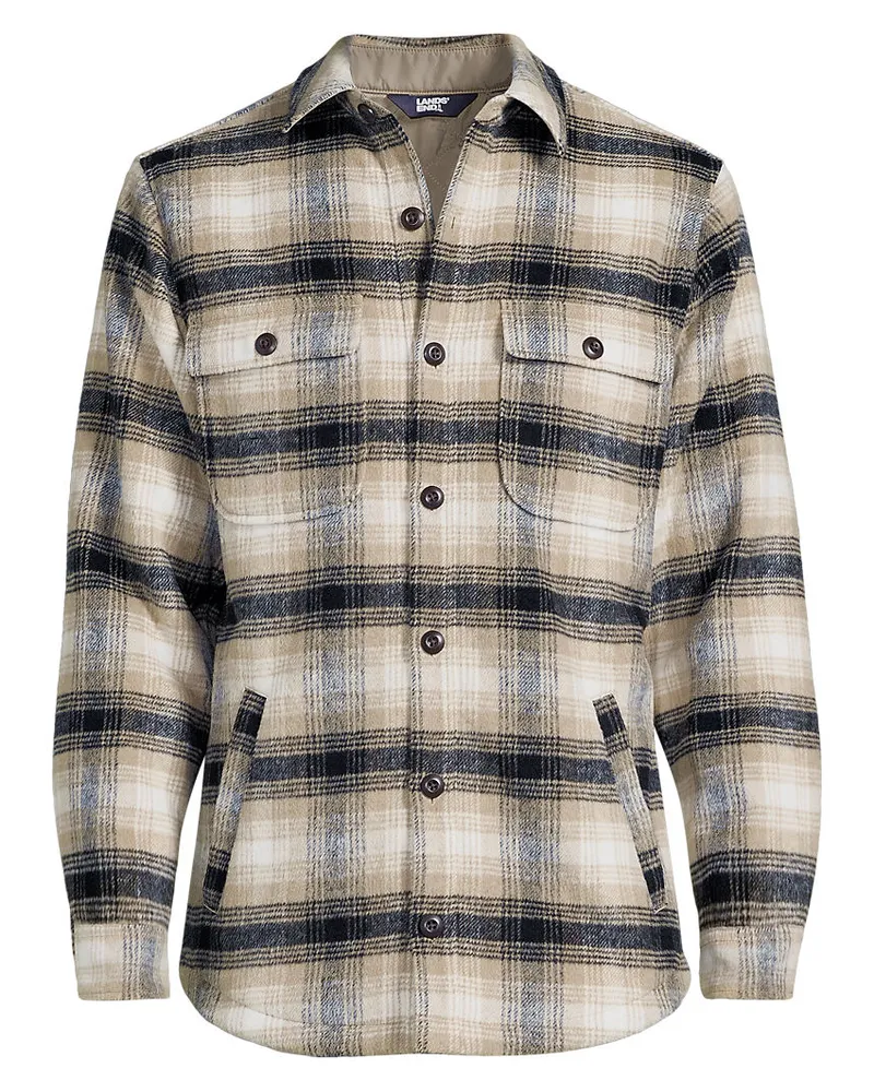 Lands' End Hemdjacke aus gebürstetem Flanell und Stepp, Herren, Größe regular, Schwarz, Woll-Mischung/Polyester-Mischung, by Schwarz