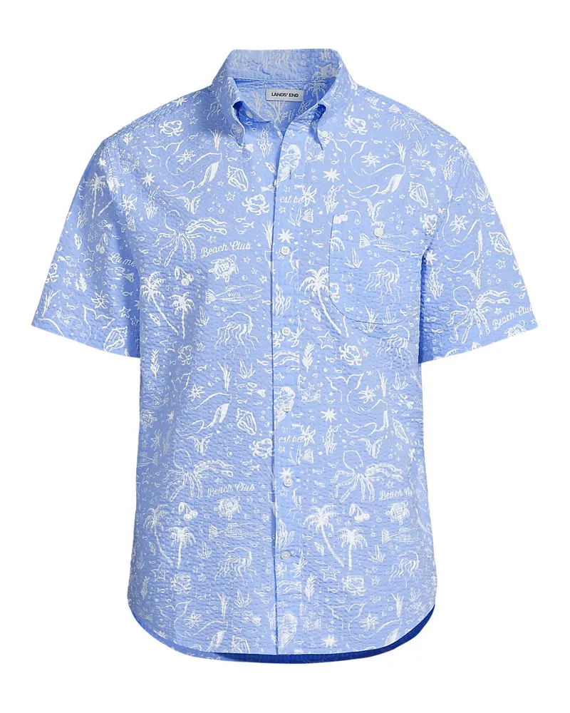 Lands' End Seersucker-Kurzarmhemd, Classic Fit, Herren, Größe regular, Blau, Baumwolle, by Blau