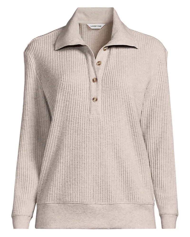 Lands' End Waffelstrick-Pullover mit geknöpftem Kragen, Damen, Größe regular, Grau, Baumwoll-Mischung/Polyester-Mischung, by Grau