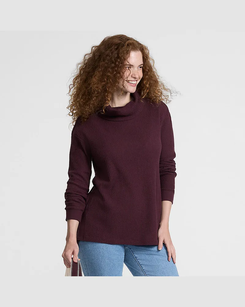 Lands' End Langer Waffelstrick-Pullover mit Wasserfallkragen, Damen, Größe petite, Rot, Baumwoll-Mischung/Polyester-Mischung, by Rot