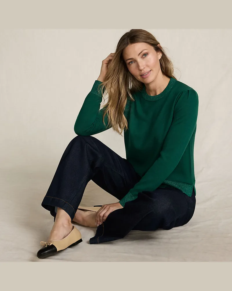 Lands' End Merino-Pullover mit Lurex-Ausschnitt, Damen, GrÃ¶ÃŸe regular, GrÃ¼n, Wolle, by Grã¼n
