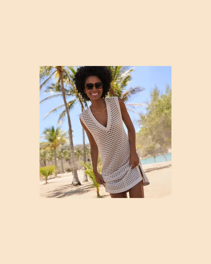 Lands' End Strick-Strandkleid mit V-Ausschnitt, Damen, Größe:44-46 regular, Beige, Baumwolle, by Beige