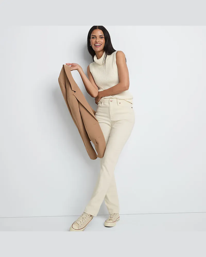 Lands' End Naturfarbene Straight Fit Jeans Mid Waist, Damen, Größe regular, Weiß, Elasthan/Baumwoll-Mischung/Polyester-Mischung, by Weiß