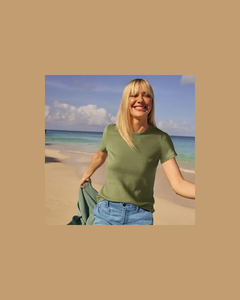 Lands' End Feinripp-Shirt mit Rundhalsausschnitt und kurzen Ärmeln, Damen, Größe regular, Grün, Baumwolle/Elasthan, by Grün