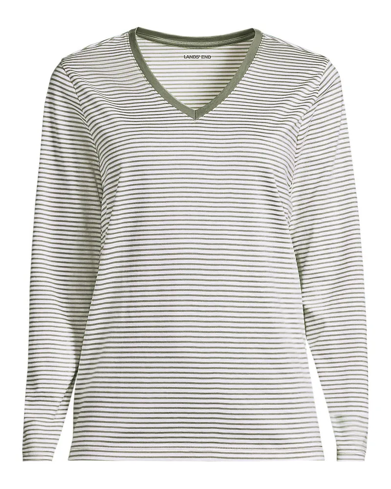 Lands' End Supima® Langarm-Shirt mit V-Ausschnitt, Damen, Größe petite, Grün, Baumwolle, by Grün