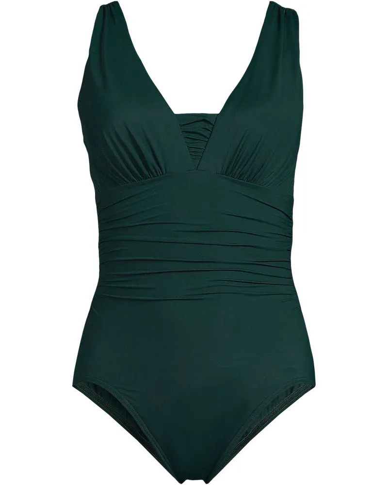Lands' End Shape-Badeanzug mit V-Ausschnitt SLENDER, Damen, Größe regular, Grün, Elasthan/Nylon-Mischung, by Grün