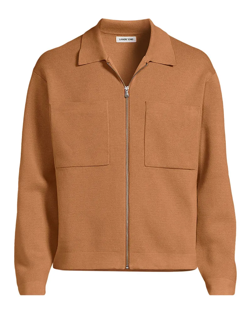 Lands' End Feinstrick-Cardigan mit Reißverschluss, Herren, Größe regular, Braun, Baumwolle, by Braun