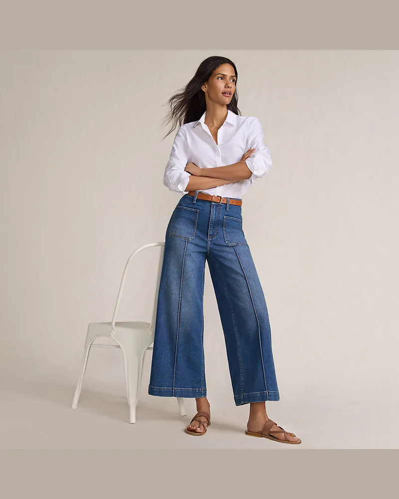 Lands' End Recover Culotte-Jeans High Waist mit aufgesetzten Taschen, Damen, Größe petite, Blau, Elasthan/Baumwoll-Mischung/Polyester-Mischung, by Blau