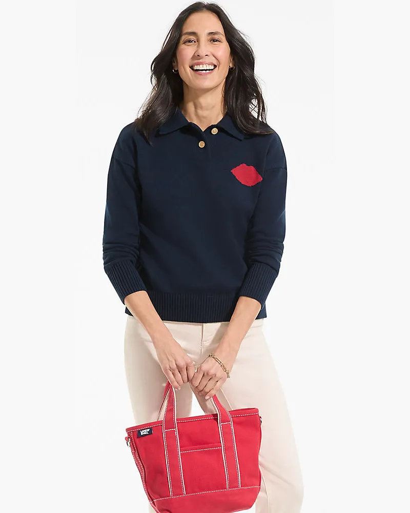 Lands' End x Lulu Guinness Lips Feinstrick-Polopullover, Damen, Größe petite, Blau, Baumwolle, by Lands' End Blau