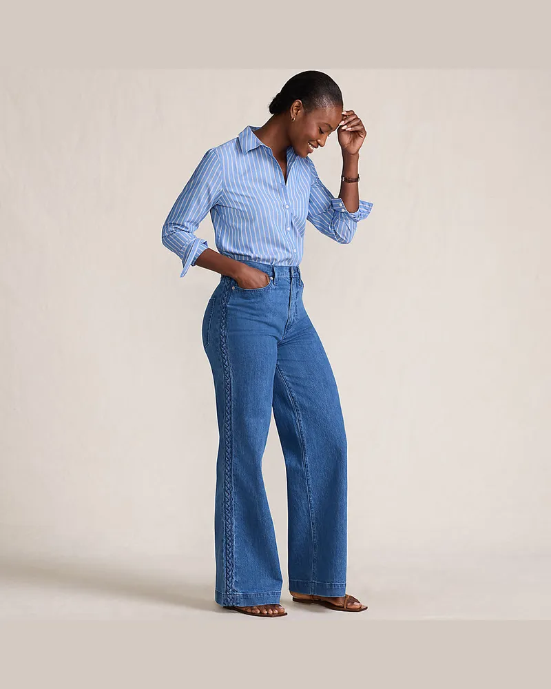 Lands' End Soft Denim Jeans mit weitem Bein und Flecht-Detail, Damen, Größe:34 regular, Blau, Elasthan/Baumwoll-Mischung, by Blau