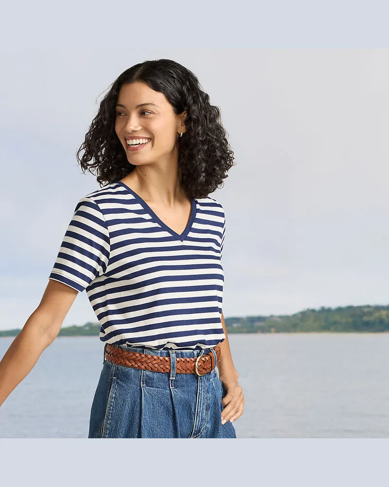 Lands' End Supima Kurzarm-Shirt mit V-Ausschnitt, Damen, Größe regular, Blau, Baumwolle, by Blau