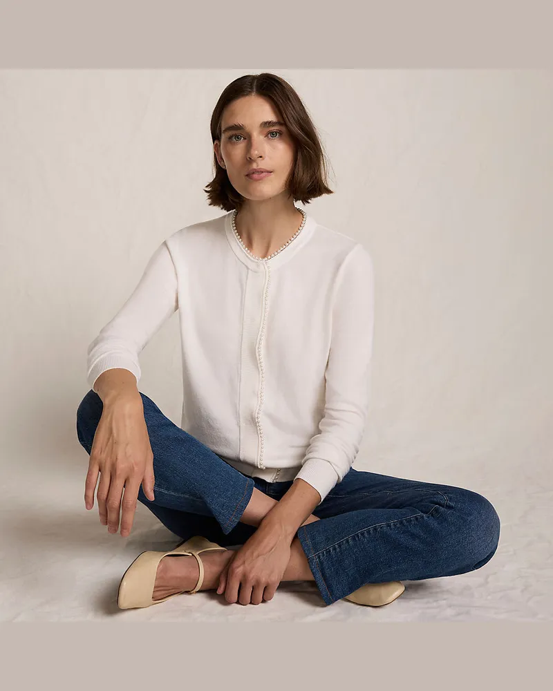 Lands' End Cardigan mit Perlenverzierung Silk Touch, Damen, Größe petite, Weiß, Polyester/Viskose/Polyester-Mischung, by Weiß