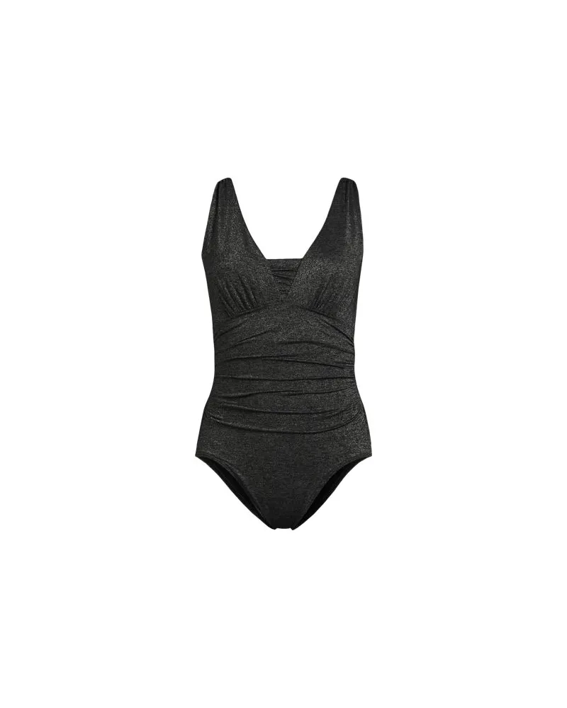 Lands' End Glitzer-Shape-Badeanzug mit V-Ausschnitt SLENDER, Damen, Größe regular, Schwarz, Elasthan/Polyester-Mischung/Nylon-Mischung, by Schwarz