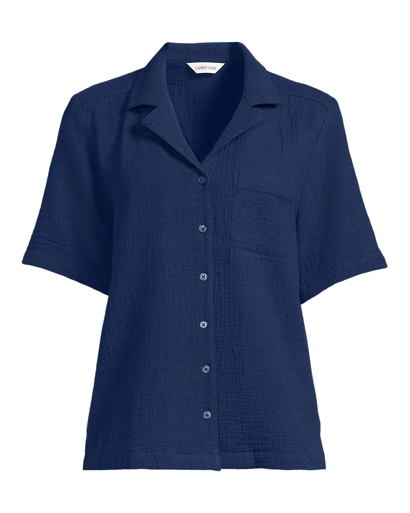Lands' End Kurzärmelige Musselin-Bluse, Damen, Größe regular, Blau, Baumwolle, by Blau