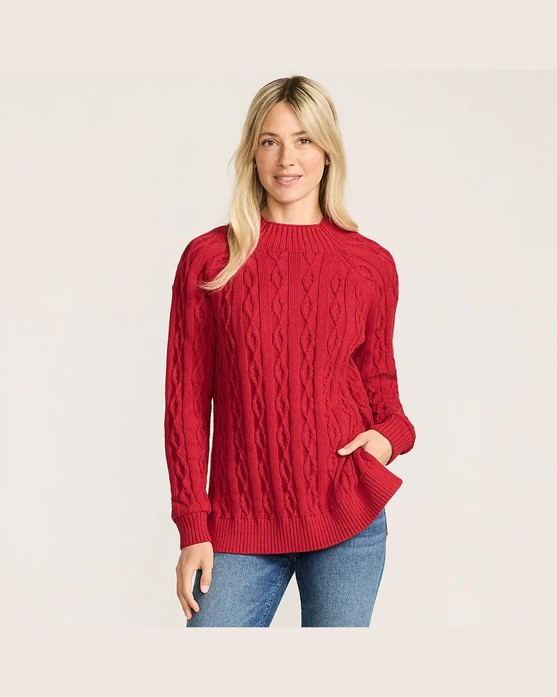 Lands' End x Lulu Guinness Lips Drifter Zopfmuster-Pullover, Damen, Größe petite, Rot, by Lands' End Rot