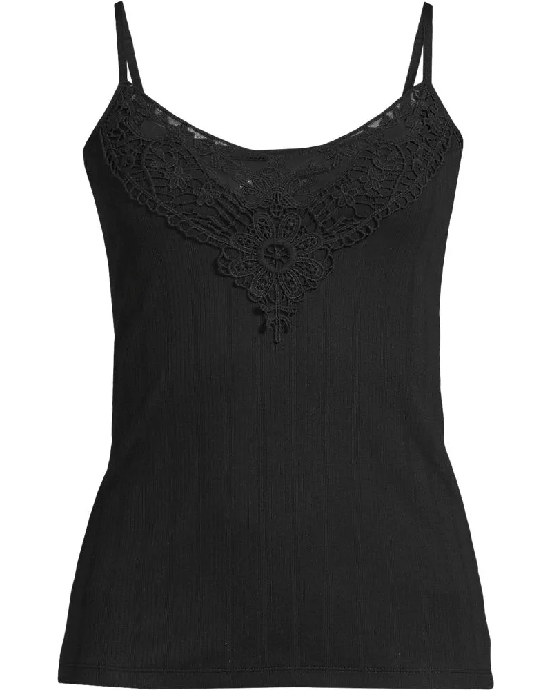 Lands' End Top mit Spitzenbesatz, Damen, Größe regular, Schwarz, Baumwoll-Mischung, by Schwarz
