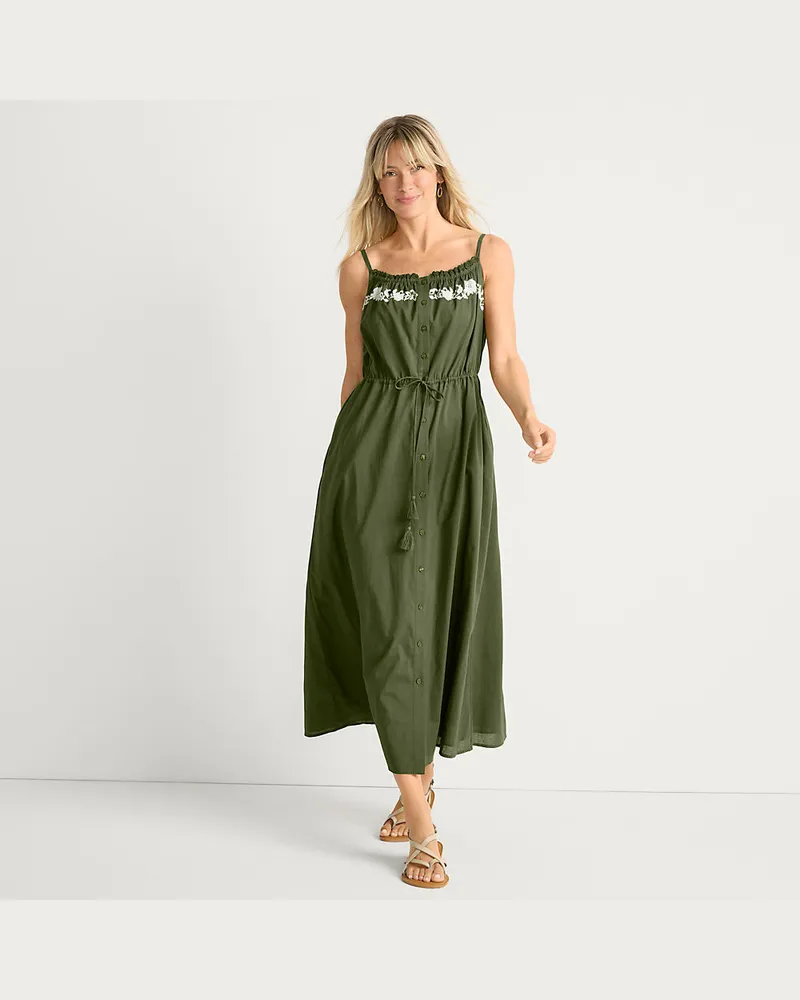 Lands' End Besticktes Baumwollkleid, Damen, Größe regular, Grün, Baumwolle, by Grün