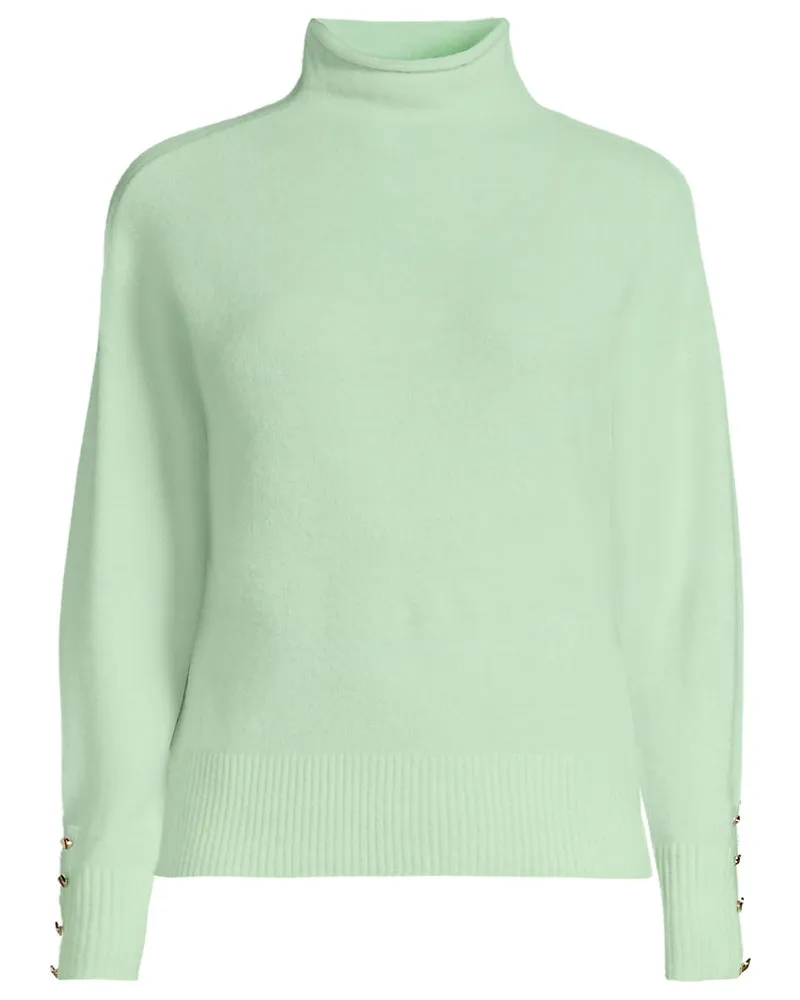 Lands' End Sot Touch Stehkragenpullover mit Ärmelknöpfen, Damen, Größe petite, Grün, Polyacryl/Woll-Mischung/Nylon-Mischung, by Grün