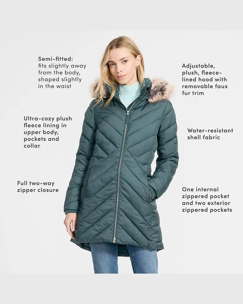 Lands' End Isolierter FeatherFree™ Kapuzenmantel mit Webpelzfutter, Damen, Größe plus, Grün, Polyester/Nylon, by Grün