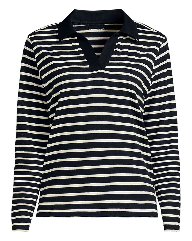 Lands' End Langärmeliges Poloshirt mit Webkragen, Damen, Größe regular, Schwarz, by Schwarz