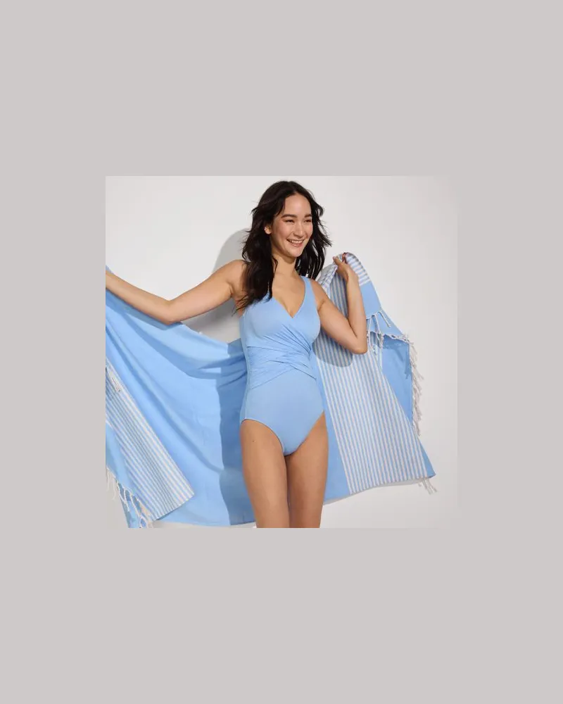 Lands' End Glänzender Slender Badeanzug mit Wickeldetail, Damen, Größe regular, Blau, Polyester-Mischung/Nylon-Mischung, by Blau