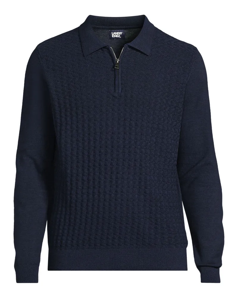 Lands' End Feinstrick-Pullover mit Polokragen und Reißverschluss, Herren, Größe regular, Blau, Baumwolle, by Blau