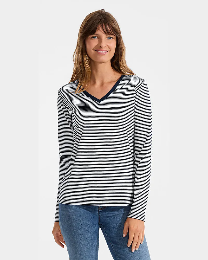 Lands' End Supima® Langarm-Shirt mit V-Ausschnitt, Damen, Größe petite, Blau, Baumwolle, by Blau