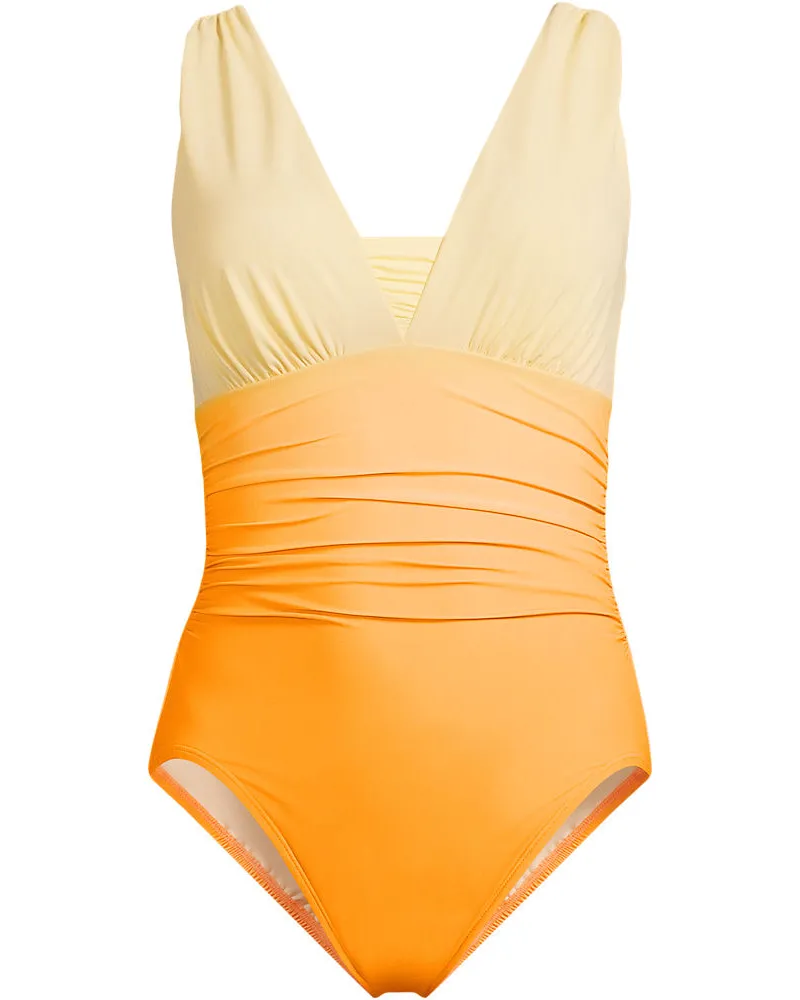 Lands' End Gemusterter Shape-Badeanzug mit V-Ausschnitt SLENDER, Damen, Größe regular, Orange, Elasthan/Nylon-Mischung, by Orange